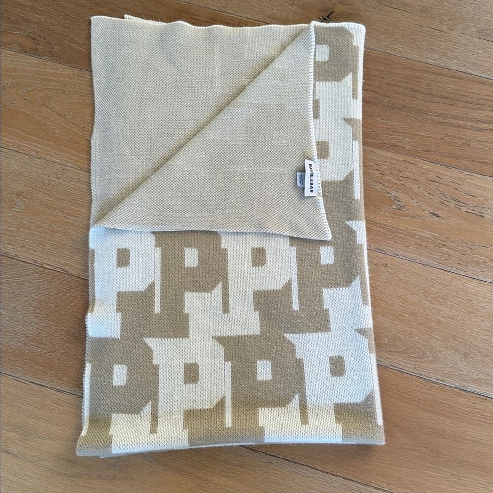 BaubleBar Checkered Throw Blanket Initial P Beige Tan Cozy Cottagecore
